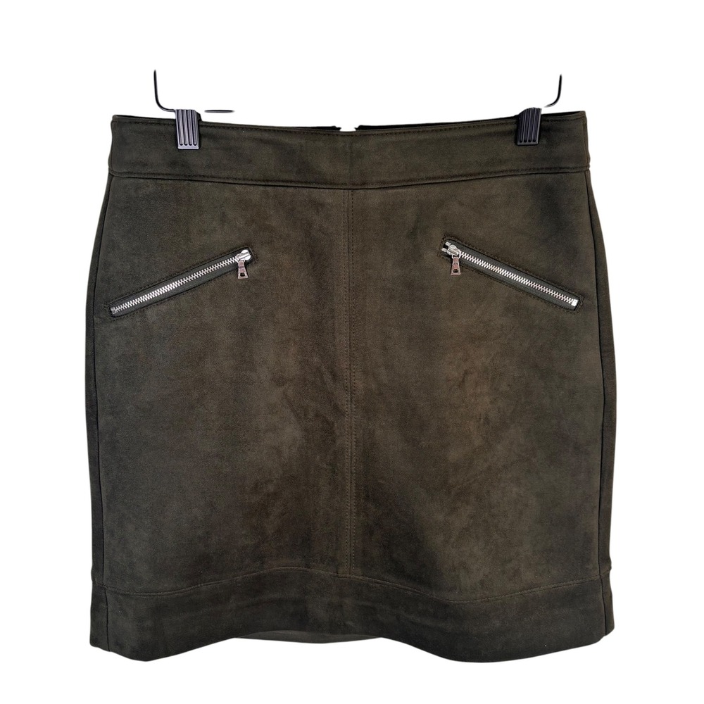 LOFT Women Olive Green Faux Suede Zipper Pocket Mini Skirt Size 2